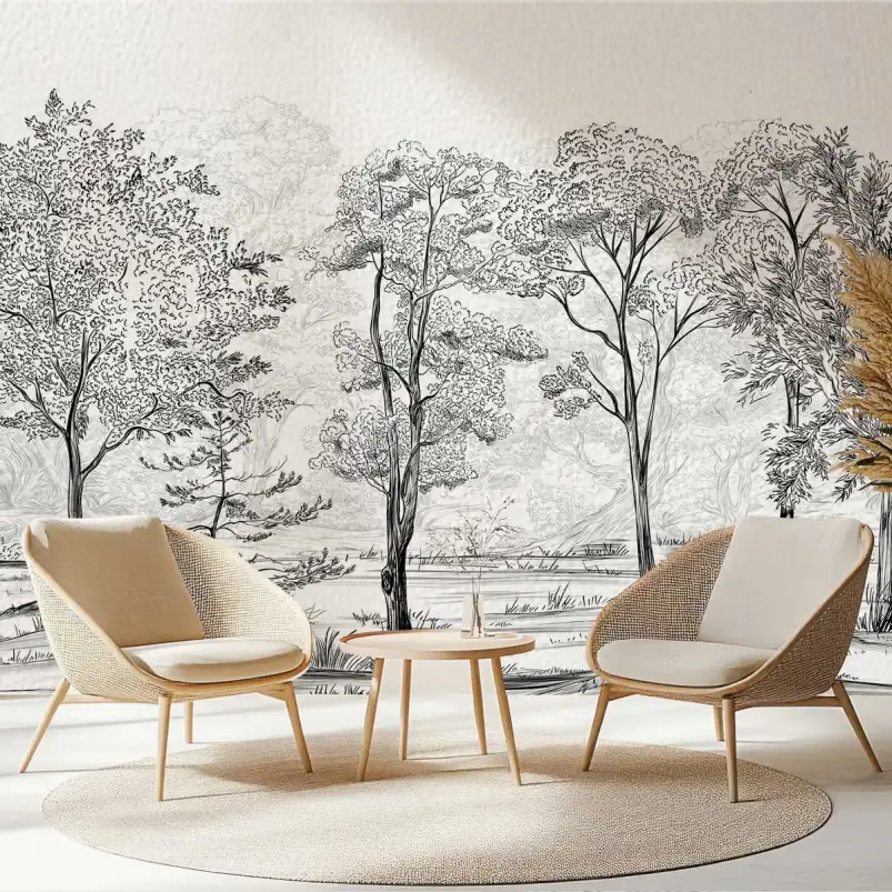 Balade en forêt Noir & Blanc - papier peint paysage