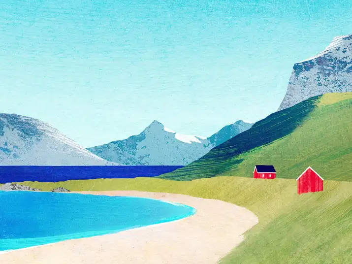 Papier peint panoramique Cabane des îles Lofoten - tapisserie paysage