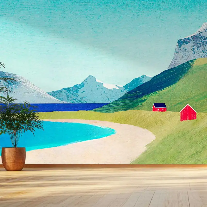 Papier peint panoramique Cabane des îles Lofoten - tapisserie paysage