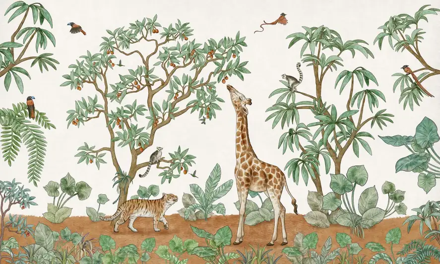 Papier peint enfant sur mesure girafe -Balade matinale de la girafe