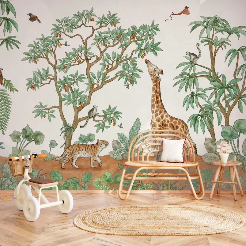 Papier peint Balade matinale de la girafe - papier peint enfant