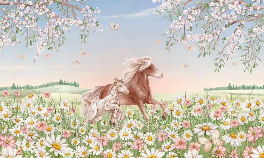 Papier peint Poneys au milieu des fleurs - papier peint enfant