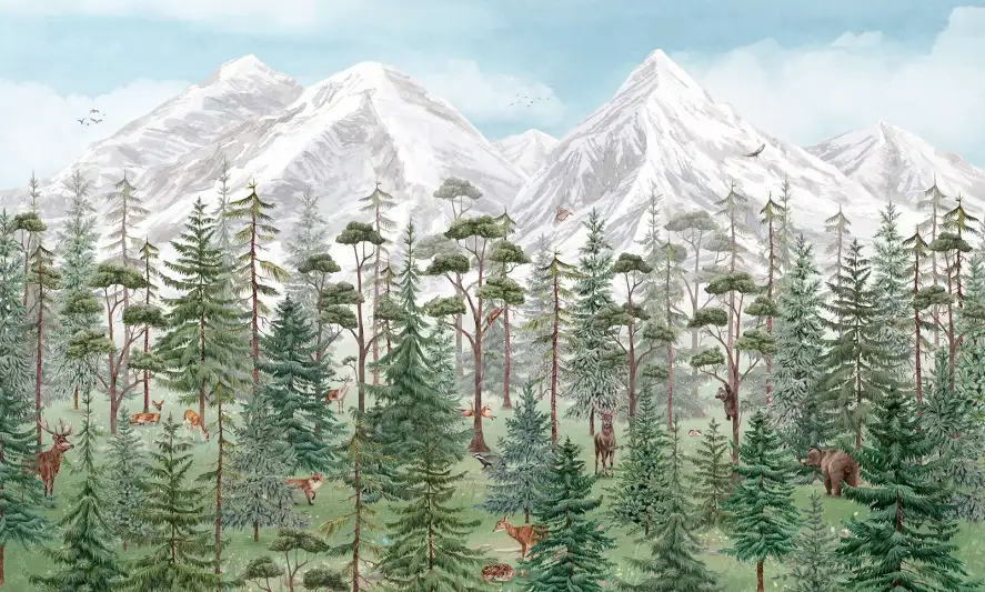 Papier peint paysage Fôret et montagne - papier peint enfant