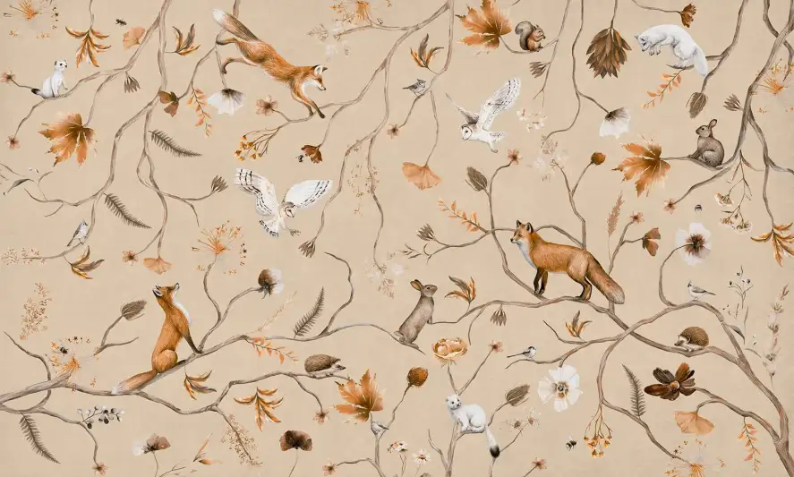 Papier peint Animaux sur les branches fond beige - papier peint enfant