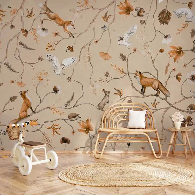 Papier peint Animaux sur les branches fond beige - papier peint enfant