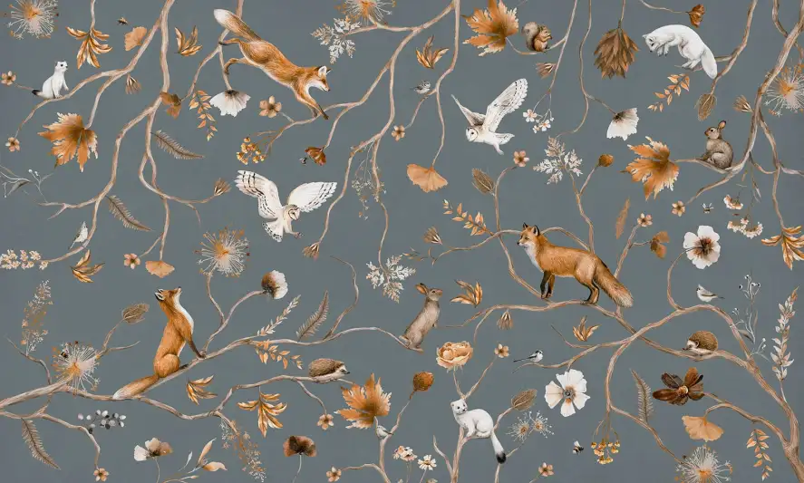 Papier peint Animaux sur la branche fond bleu - papier peint enfant