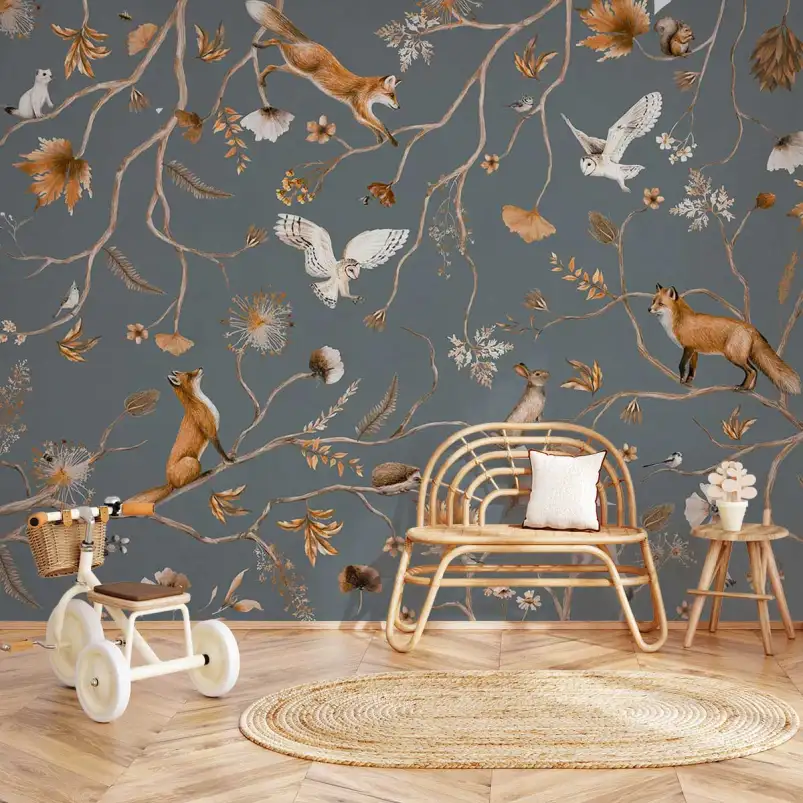 Papier peint Animaux sur la branche fond bleu - papier peint enfant