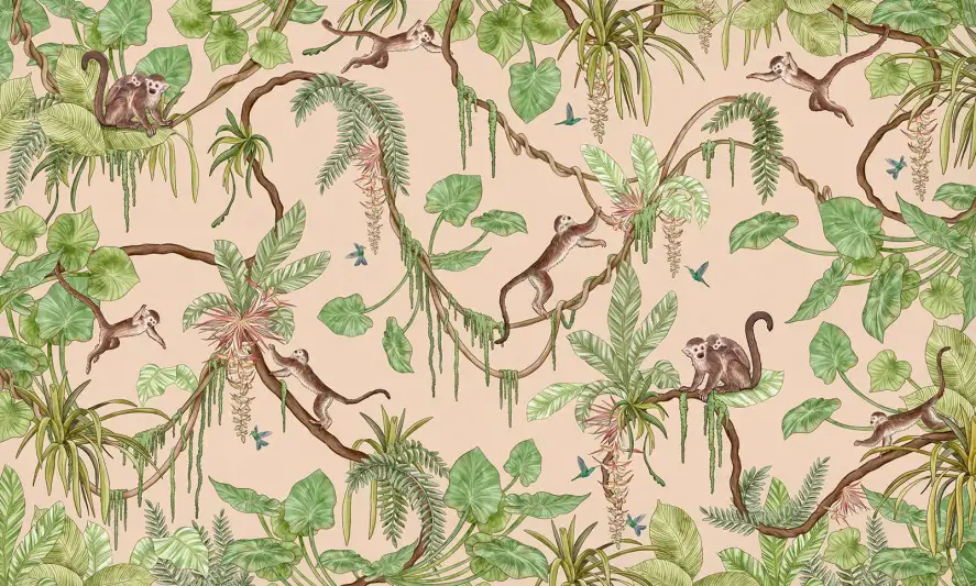 Papier peint Vie de singes et feuilles vertes - papier peint enfant