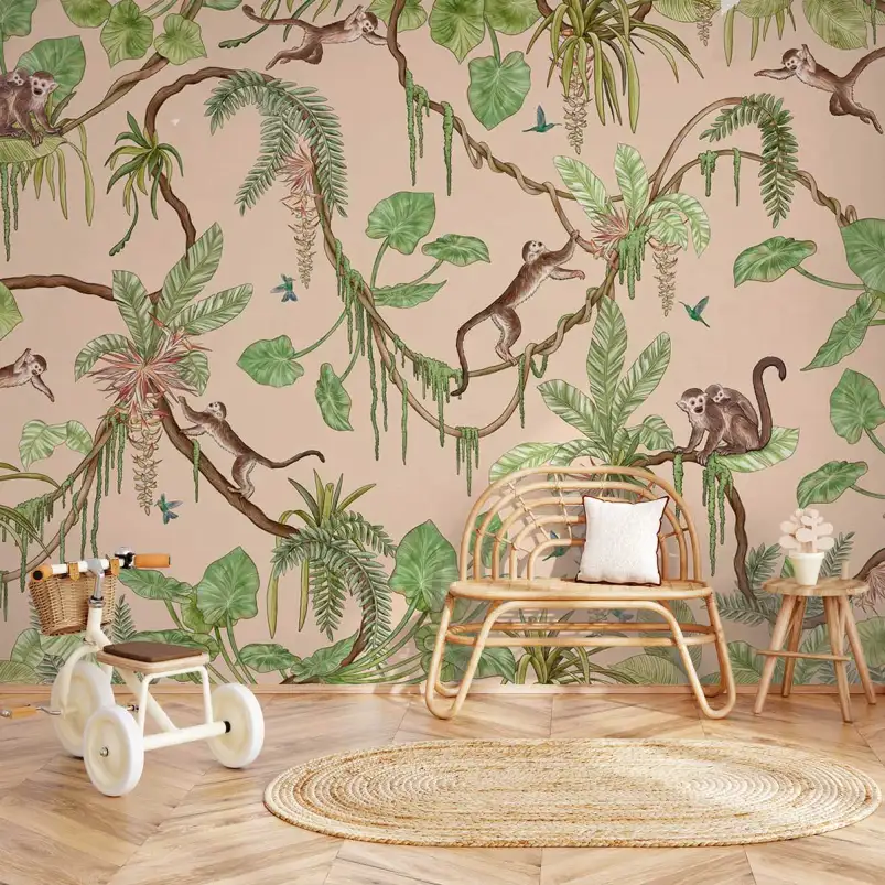 Papier peint Vie de singes et feuilles vertes - papier peint enfant