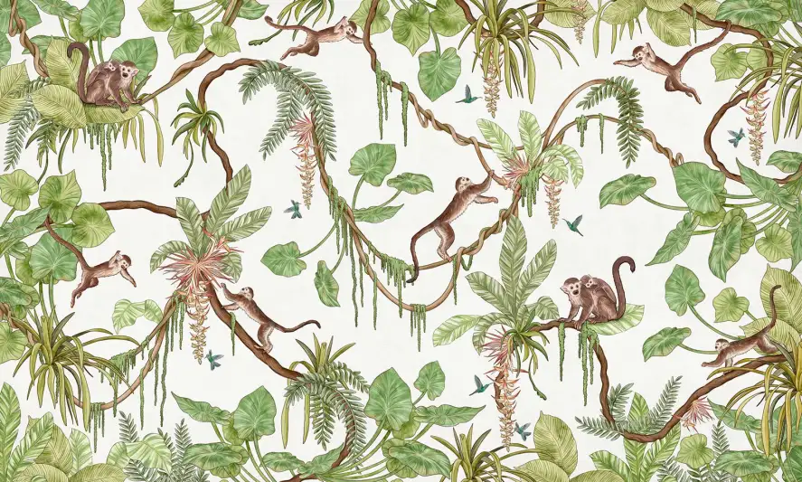 Papier peint Vies de singes fond blanc - papier peint enfant