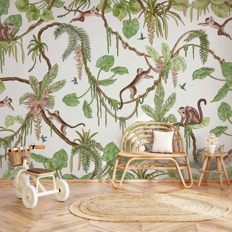 Papier peint Vies de singes fond blanc - papier peint enfant