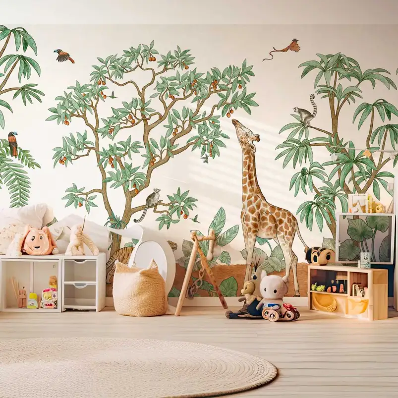 Mise en ambiance de la tapisserie panoramique chambre enfant -Petit déjeuner de girafe