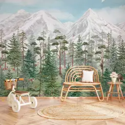 Animaux en montagne, Forêt nordique - tapisserie panoramique garcon