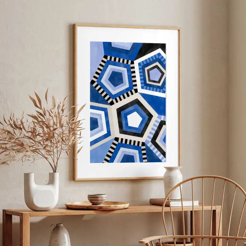 Tableau motif hexagonal bleu moderniste - tableau abstrait