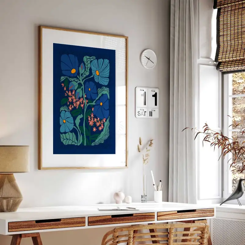 Tableau fleurs style klimt bleu nuit - affiche fleurs
