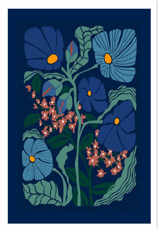 Tableau fleurs style klimt bleu nuit - affiche fleurs