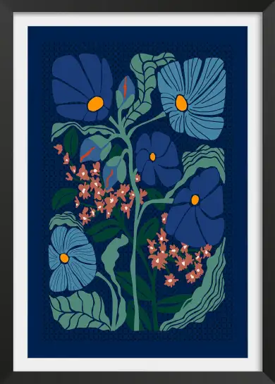 Tableau fleurs style klimt bleu nuit - affiche fleurs