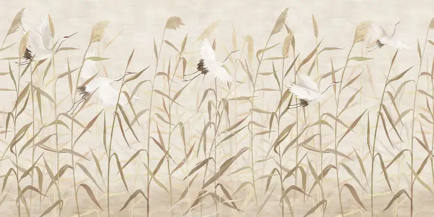 Herons dans les roseaux - papier peint motif feuillage