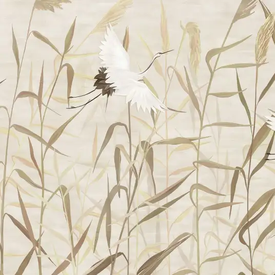 Herons dans les roseaux - papier peint motif feuillage