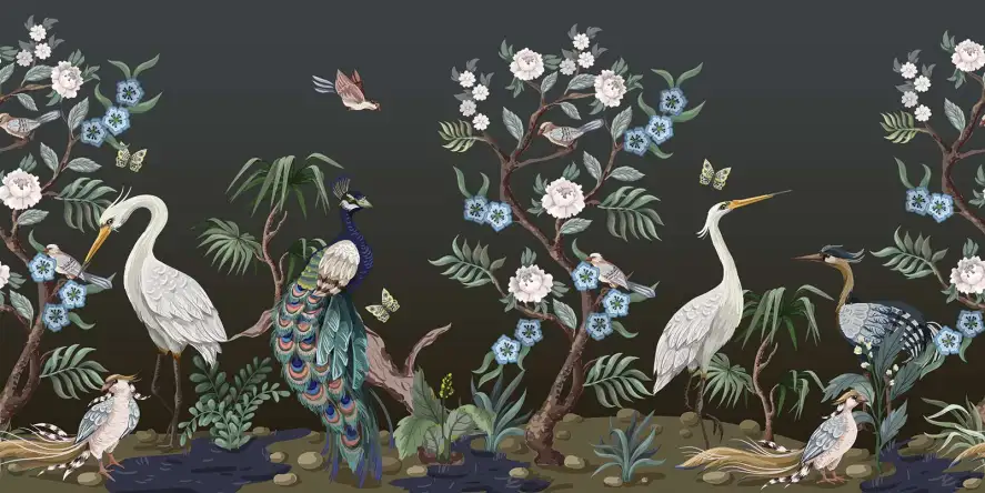 Paons et Cie - papier peint oiseaux et fleurs