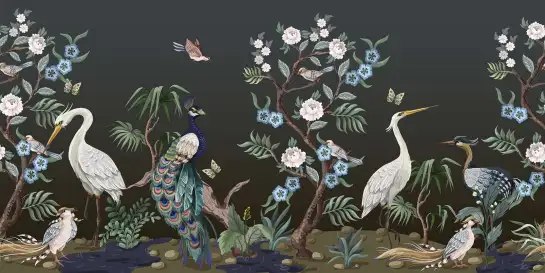 Paons et Cie - papier peint oiseaux et fleurs