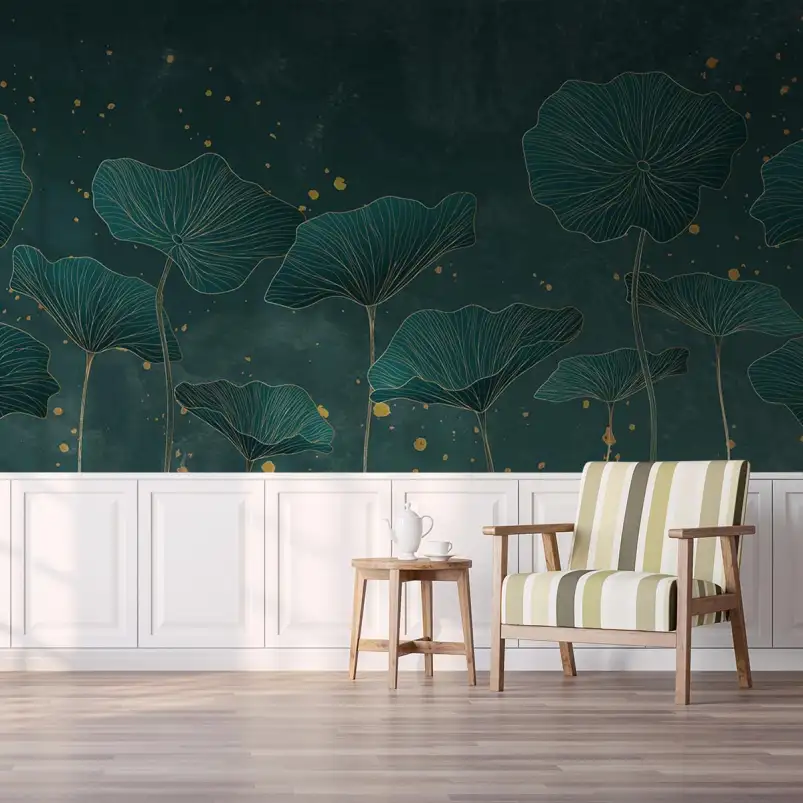 Gingko bleu paon - papier peint motif feuille