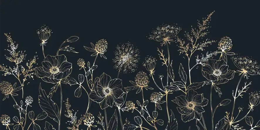 Fleurs dorées sur bleu nuit - papier peint motif feuille