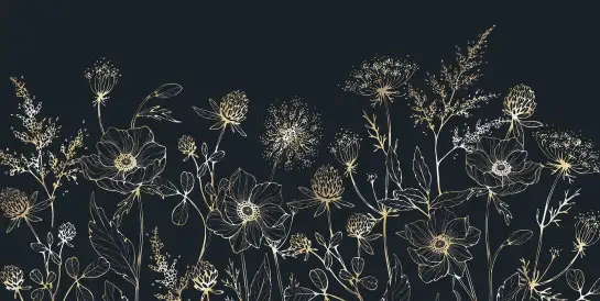 Fleurs dorées sur bleu nuit - papier peint motif feuille