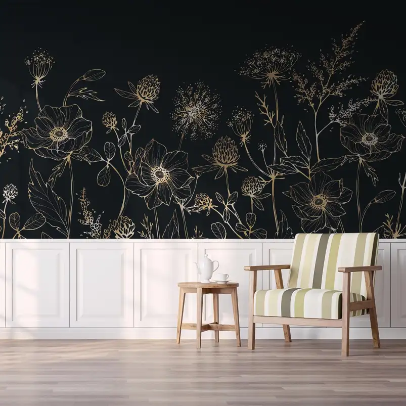 Fleurs dorées sur bleu nuit - papier peint motif feuille