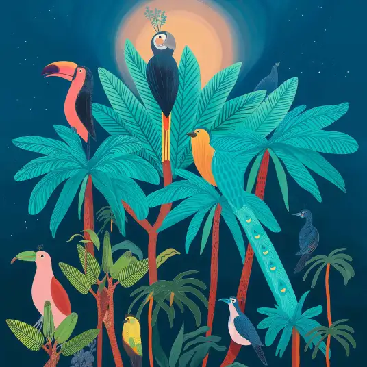 Jungle bleue et oiseaux - papier peint jungle tropicale