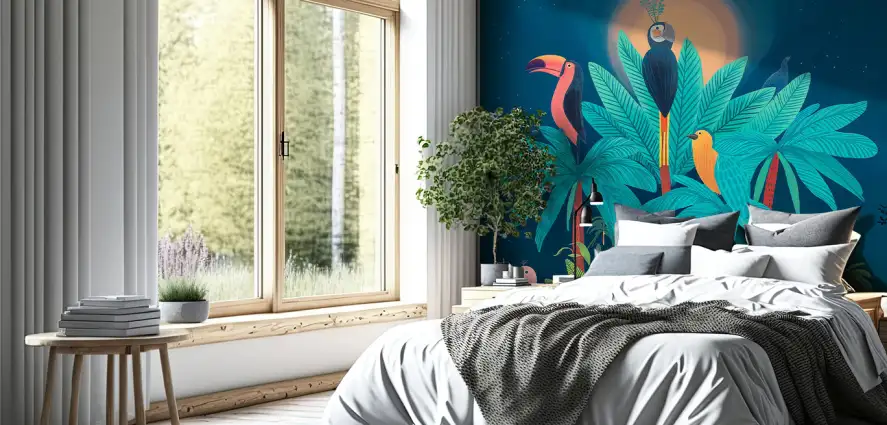 Jungle bleue et oiseaux - papier peint jungle tropicale
