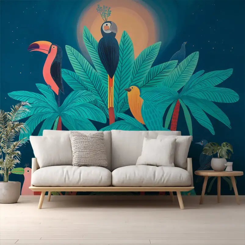 Jungle bleue et oiseaux - papier peint jungle tropicale