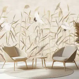 Hérons au Fil des Roseaux - tapisserie panoramique feuilles