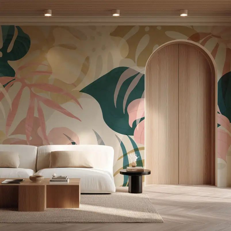 Feuillage Tropical Rose - tapisserie panoramique feuilles
