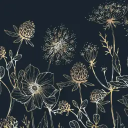 Fleurs d’Or sur Nuit Bleu - tapisserie panoramique avec des fleurs