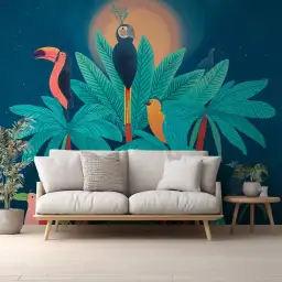 Oiseaux Tropicaux au Sommet - tapisserie panoramique chambre enfant