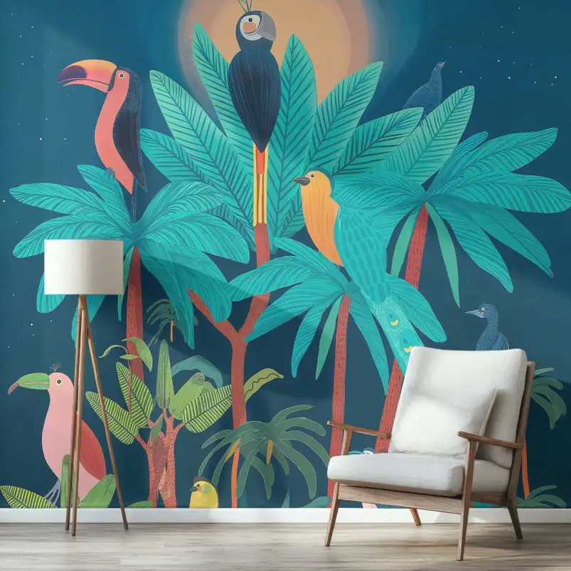 Oiseaux Tropicaux au Sommet - tapisserie panoramique chambre enfant