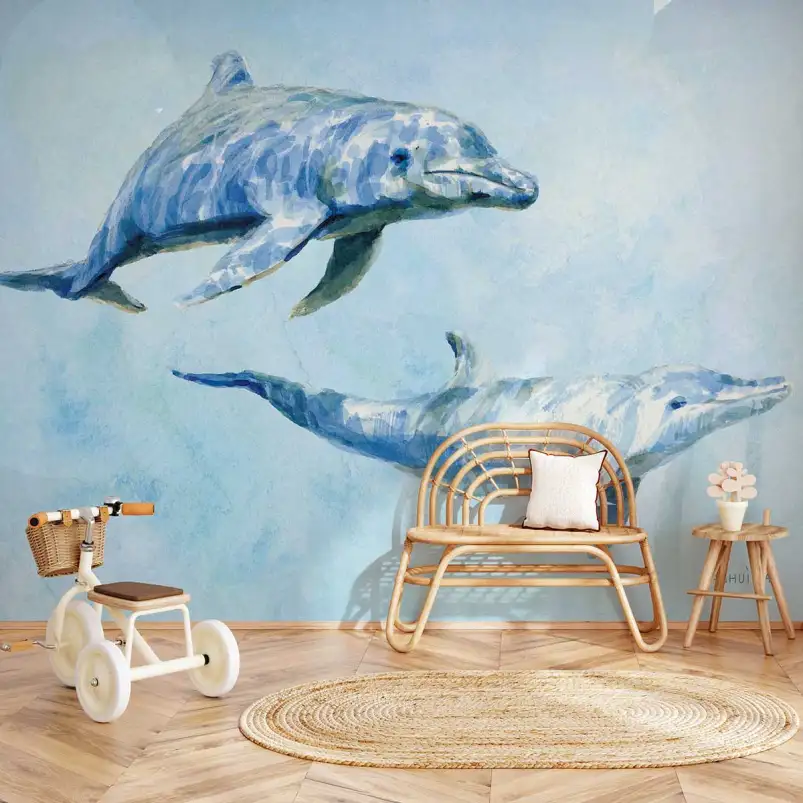 Dauphins en Bleu - tapisserie panoramique ado garçon