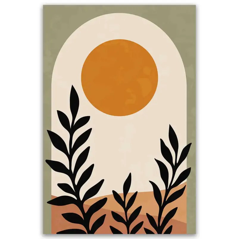 Tableau paysage abstrait soleil et plantes