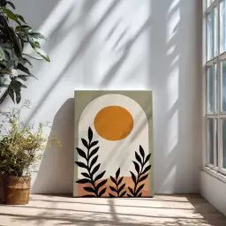 Tableau paysage abstrait soleil et plantes
