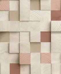 Papier peint bois mosaïque et touches rose poudré