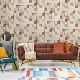 Papier peint bois mosaïque et touches rose poudré