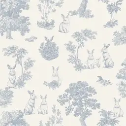 Papier peint lapin toile de Jouy bleu blanc