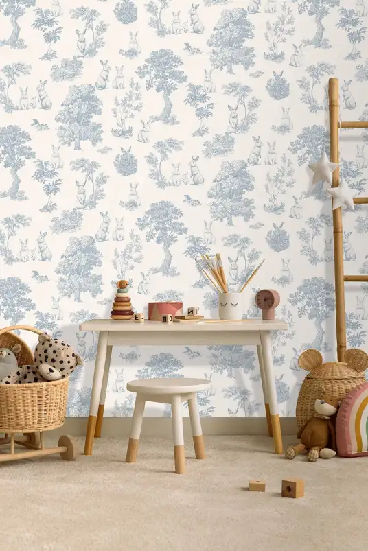 Papier peint lapin toile de Jouy bleu blanc