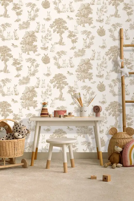 Papier peint lapin toile de Jouy doré blanc
