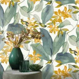 Papier peint Jardin tropical — feuillage vert et fleurs dorées