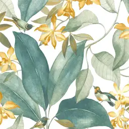 Papier peint Jardin tropical — feuillage vert et fleurs dorées