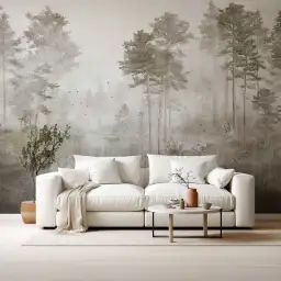 Papier peint enfant La Vallée des Ours avec un paysage de forêt de pins dans la brume.