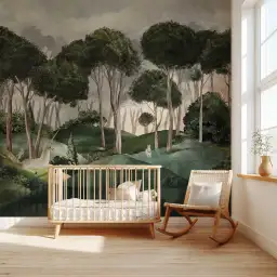 Papier peint enfant Le Conte de la Licorne avec des licornes blanches dans une forêt de grands arbres vert profond.