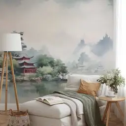 Tapisserie Les Pagodes de la Brume avec temples traditionnels rouges au bord d'un fleuve asiatique.